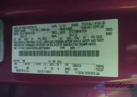 2013 Ford Escape Sel из США, поврежденный, VIN 1FMCU9HX2DUB79885